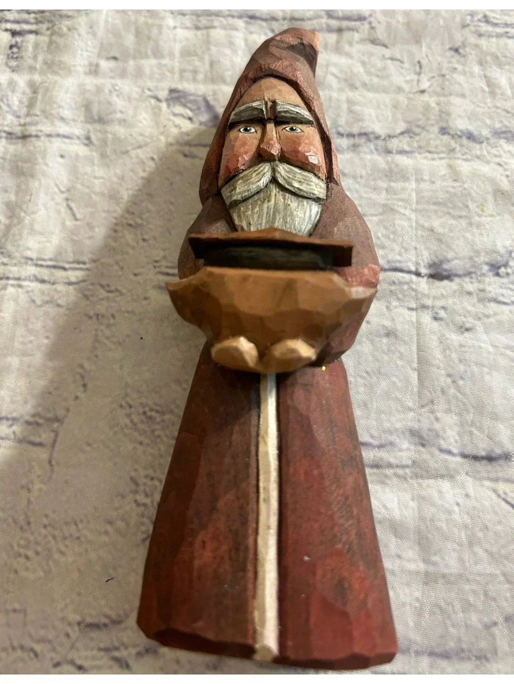 HAND CRAVED FOLK-ART SANTA FIGURE HOLDING SOMETHING IN HANDS BELSNICKLE STYLE